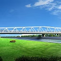 Modern White Bridge Spanning Over Calm Water With Green Grass And Blue Sky