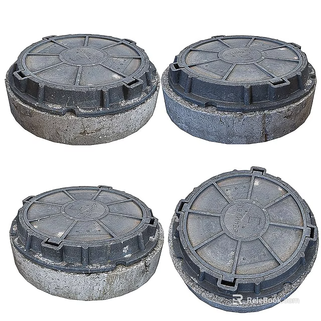 Public Facility Four Circular Metal Manhole Covers With Textured Surface And Durable Design 3d model 