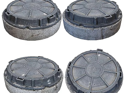 Public Facility Four Circular Metal Manhole Covers With Textured Surface And Durable Design 3d model