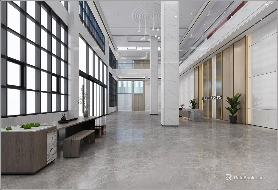 Modern Reception Lobby With Long Counter Bench Plants And Large Windows On Gray Marble Floor 3d model 