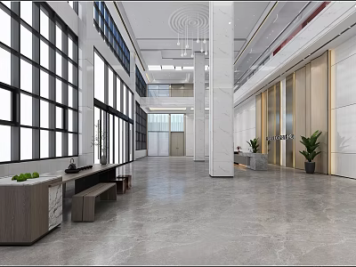 Modern Reception Lobby With Long Counter Bench Plants And Large Windows On Gray Marble Floor 3d model
