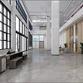 Modern Reception Lobby With Long Counter Bench Plants And Large Windows On Gray Marble Floor