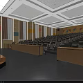 Modern Conference Room With Auditorium Seating Wooden Desks Colorful Curtains And Geometric Walls