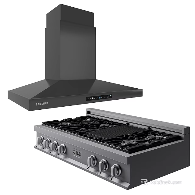 Black Range Hood And Gas Stove Modern Kitchen Cookware Appliances Set 3d model 