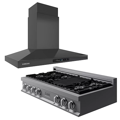 Black Range Hood And Gas Stove Modern Kitchen Cookware Appliances Set 3d model