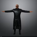 Bald Man In Black Leather Coat With Sunglasses And Arms Outstretched On Gray Background