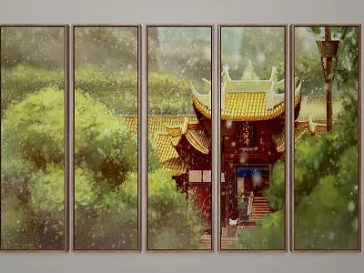 Elegant Five Panel Screen With Traditional Chinese Architecture Yellow Roof Green Trees Rainy Scene 3d model