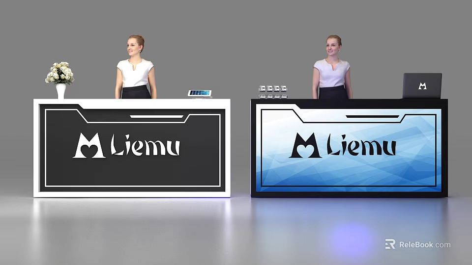 Elegant Modern Reception Desk Design With Liemu Logo And Professional Staff 3d model 