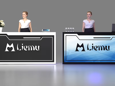 Elegant Modern Reception Desk Design With Liemu Logo And Professional Staff 3d model