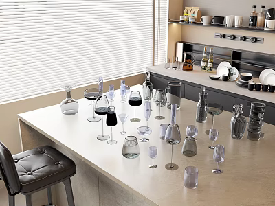 Different Types of Cups and Wine Glasses on Bar Countertop in Modern Kitchen with Bottles 3d model