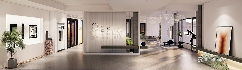 Modern Exhibition Hall Interior With White Walls Wooden Decor Bench And Green Plants 3d model 