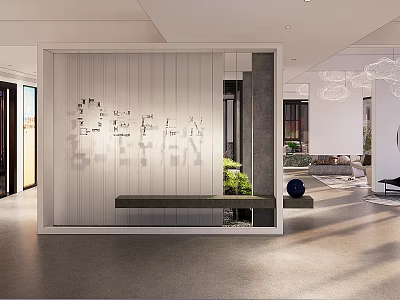 Modern Exhibition Hall Interior With White Walls Wooden Decor Bench And Green Plants 3d model