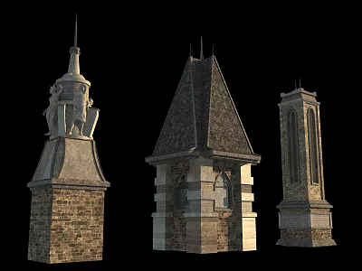 Three Distinct Ancient Architectural Towers With Stone Brick Spires And Windows 3d model