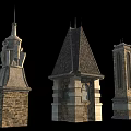 Three Distinct Ancient Architectural Towers With Stone Brick Spires And Windows