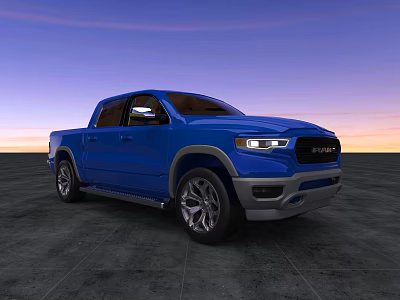 Blue RAM Pickup Truck With LED Headlights And Sunset Sky On Gray Ground 3d model