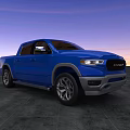 Blue RAM Pickup Truck With LED Headlights And Sunset Sky On Gray Ground