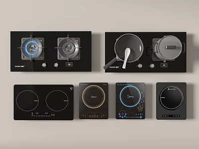 Various Modern Kitchen Appliances Including Gas Electric Induction Cooktops With Pans 3d model