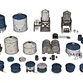 Assorted Blue And White Storage Barrels With Metal Frames And Small Containers 3d model