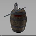Medieval Sword With Sharp Blade Resting On Wooden Barrel With Bloodstains And Lantern