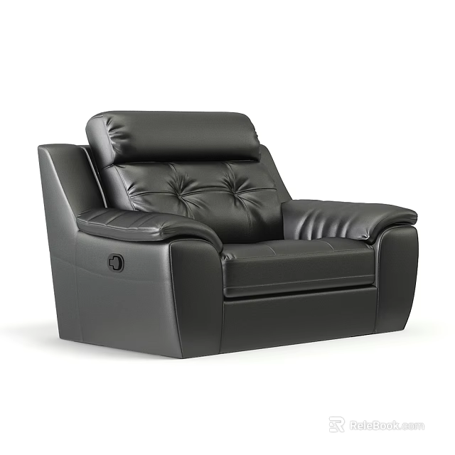 Black Leather Single Sofa With Tufted Backrest Stitching Details And Reclining Function Side Button Control 3d model 