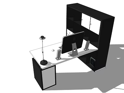 Modern Home Office Desk Setup With Computer Monitor Desk Lamp Speakers And Bookshelf 3d model