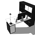 Modern Home Office Desk Setup With Computer Monitor Desk Lamp Speakers And Bookshelf