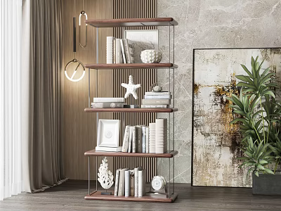 Elegant Modern Wooden Bookcase With Shelves Books Starfish Sculpture And Plant 3d model