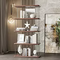 Elegant Modern Wooden Bookcase With Shelves Books Starfish Sculpture And Plant