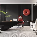 Modern Office Interior With Black Walls Red Circular Decor Green Plant Black Desk And Chairs