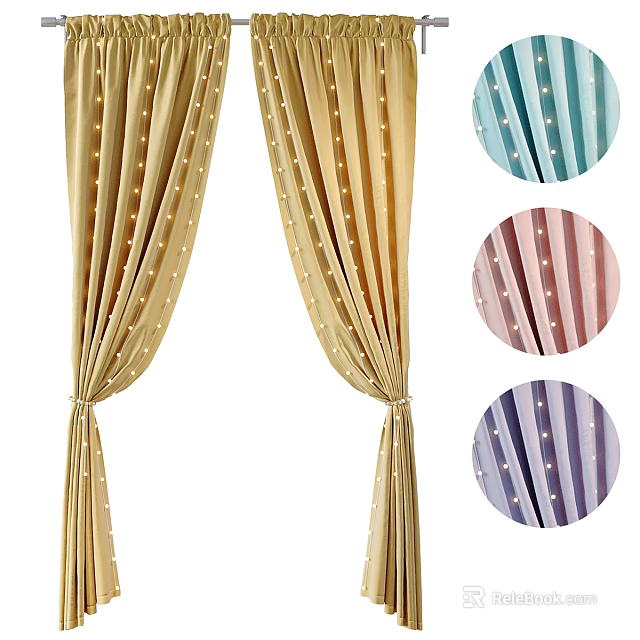 Golden Striped Curtains With White Dots For Home Decor In Light Blue Pink Purple 3d model 