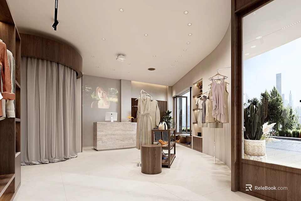 Bright Modern Light Luxury Clothing Store Interior With Elegant Garment Display And Marble Reception Counter 3d model 