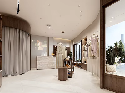 Bright Modern Light Luxury Clothing Store Interior With Elegant Garment Display And Marble Reception Counter 3d model