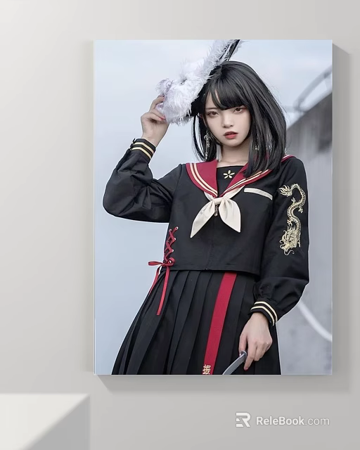 Woman in Black Uniform with Dragon Embroidery and Red Accents Holding White Feather Accessory 3d model 