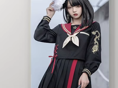 Woman in Black Uniform with Dragon Embroidery and Red Accents Holding White Feather Accessory 3d model