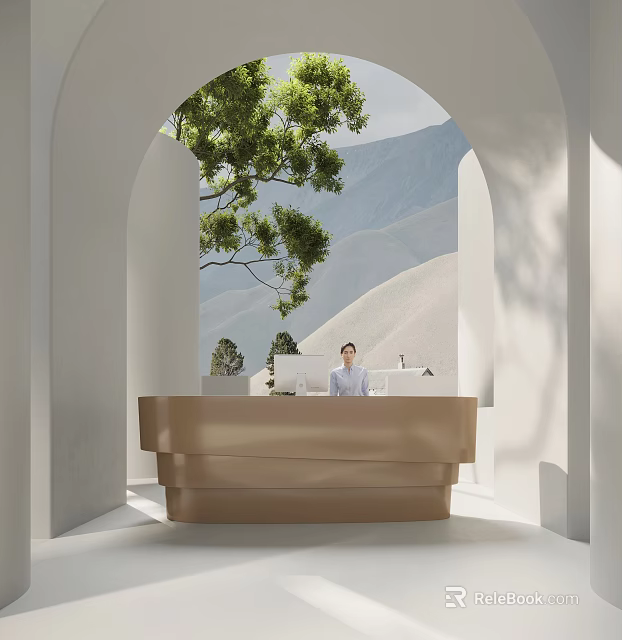 Elegant Modern Reception Desk With Arched Structure Natural Mountain View Green Tree And Soft Light 3d model 