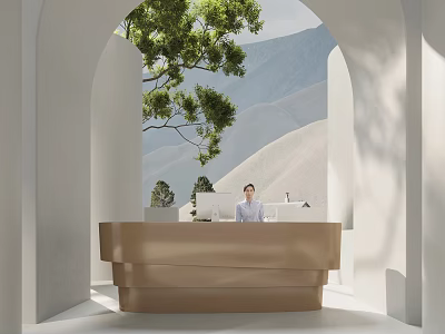Elegant Modern Reception Desk With Arched Structure Natural Mountain View Green Tree And Soft Light 3d model
