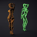 Abstract Art Installation With Curved Line Female Figures In Orange Green Neon Colors