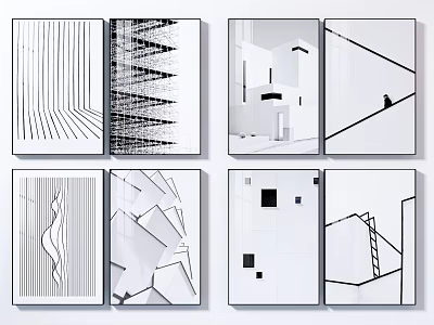 Black and White Geometric Abstract Wall Art With Lines Shapes And Modern Design 3d model