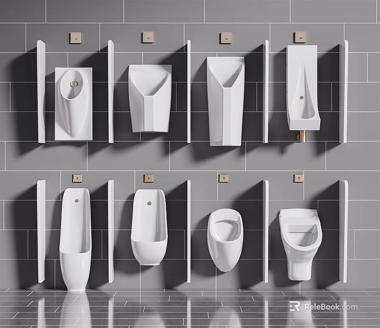 Modern Urinals with Various Designs Arranged on Grey Tiled Wall 3d model 