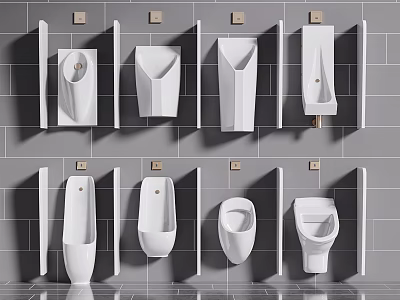 Modern Urinals with Various Designs Arranged on Grey Tiled Wall 3d model