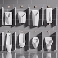 Modern Urinals with Various Designs Arranged on Grey Tiled Wall