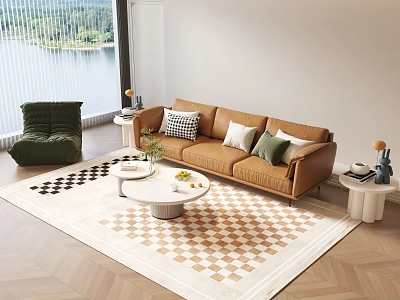 Brown Sofa and White Round Coffee Table Set with Decorative Pillows on Checkered Rug 3d model