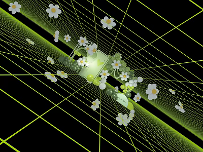 Abstract Stage Design with Green Line Grid White Small Flowers on Black Background 3d model