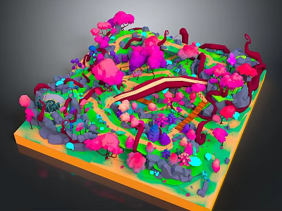 Commercial Equipment 3D Miniature Landscape Display With Colorful Trees Curved Paths And Square Base 3d model