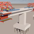 Bridge Construction Site With Red Equipment And Concrete Piers Structure 3d model
