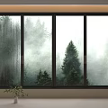 Rainy Window View With Misty Trees And Small Potted Plant On Windowsill