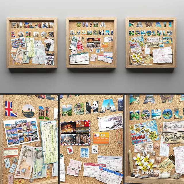 Decorative Corkboard Frames With Photo Postcard Ticket And Note Collages 3d model 