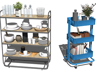 Multi Layer Blue Rolling Storage Shelves with Wooden Shelves for Kitchen Utensils Books and Plants 3d model