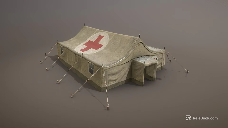 Medical Canvas Tent With Red Cross Symbol And Support Poles Entrance 3d model 
