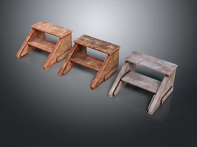 Three Distressed Wooden Steps in Brown and Gray with Rustic Open Design 3d model